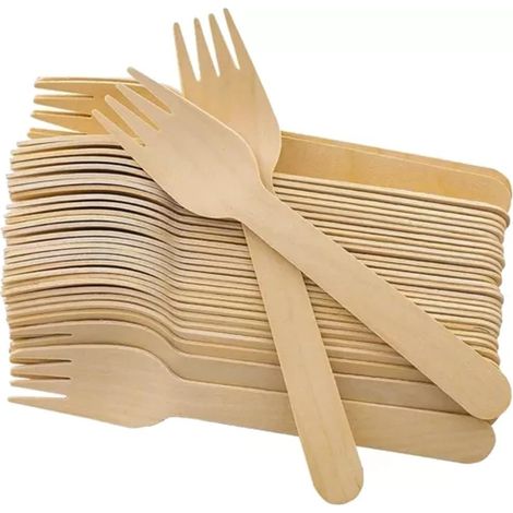 Lot de 100 Fourchettes en Bois Couverts en Bois Jetables, Fourchettes Ustensile pour fête, Anniversaire, Camping, Pique-Nique 100 Pièces 15,6cm, Naturel (1/4)