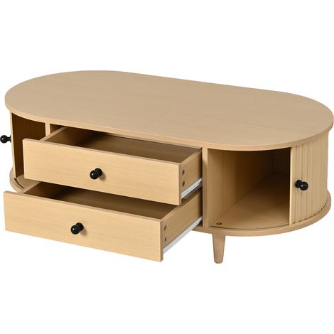 Tavolino da caffè in MDF effetto legno chiaro con 2 cassetti e ante a rullo, 100x50x36 cm (1/5)