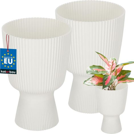 KOTARBAU® Lot de 2 Pot de Fleur Ø 14 cm - Pot de Fleur Interieur - PVC - Pot de Fleur Exterieur - Pot pour Plante avec Socle - Nervuré - Forme de Coupe - H: 21 cm - Blanc (1/4)