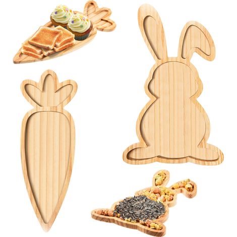 (2er-Set) 2 Holztabletts in Form eines Hasen und einer Karotte, perfekt zum Präsentieren von Trockenfrüchten, Käse und anderen Osterleckereien (Hase + Karotte) (1/2)