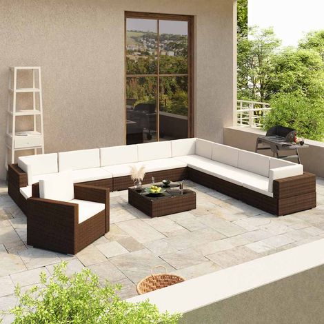 Salon de jardin 12 pcs Ensemble Table et Chaise de Jardin - avec coussins Résine tressée Marron BV768889 - BonneVie (1/5)