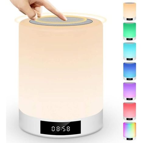 REVEIL SIMULATEUR D\'AUBE Veilleuse Bluetooth Haut-Parleur,Lampe de Chevet Touch Sensor avec réveil,Lecteur de Musique MP3,Radio FM (1/4)