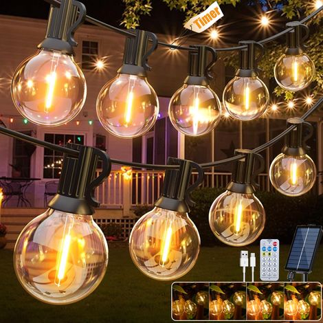 Guirlande lumineuse solaire d'extérieur de 30 m, Lampe de jardin rechargeable USB avec télécommande et 50+2 ampoules LED G40, 8 modes, IP44 (lot de 2) (1/5)