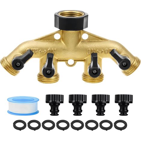 Robinet Jardin 4 Voies, Distributeur d'eau avec Raccord Tuyau D'arrosage, Connecteur Tuyau Arrosage pour Irrigation, Raccord Tuyau D'arrosage Laiton Réglable pour Jardin, Matériel D'arrosage (1/5)