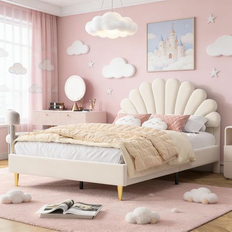 JOOKGBD–Letto Matrimoniale Imbottito 140x200 cm,Letto per Bambini e Ragazze,Testiera a Forma di Fiore,Rete a Doghe,Letto per Adolescenti,Velluto,Senza Materasso,Beige (1/5)