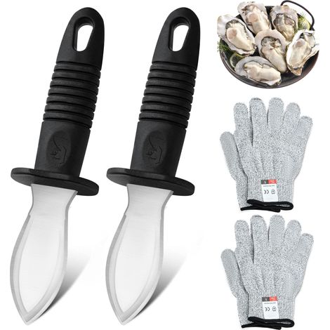 Cuchillo para ostras - 2 cuchillos para ostras con 2 pares de guantes protectores, cuchillos de acero inoxidable, abridor de ostras apto para mariscos o quesos duros (1/5)