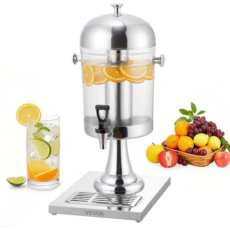 VEVOR Distributeur de Boissons Capacite 8 L, Fontaine a Eau en Acier Inoxydable et Plastique, avec Robinet, Compartiment a Glace et Plateau, Distribution de Jus Limonade The Glace, Restaurant Cafe