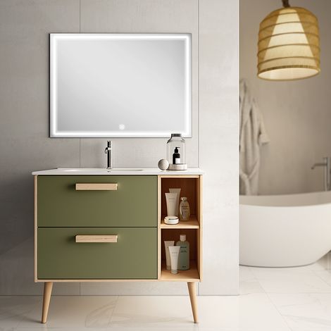 Meuble de salle de bain vasque déportée - 2 tiroirs - vert olive - MALIA et miroir Led VELDI - 80cm (1/5)