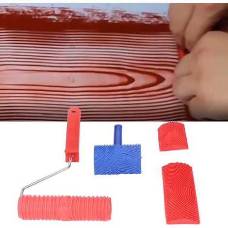 Ensemble d'outils à effet bois : rouleaux à peinture à effet bois, rouleau texturé avec manche, outils en caoutchouc à effet bois pour la décoration artistique des murs et des pièces. (1/5)