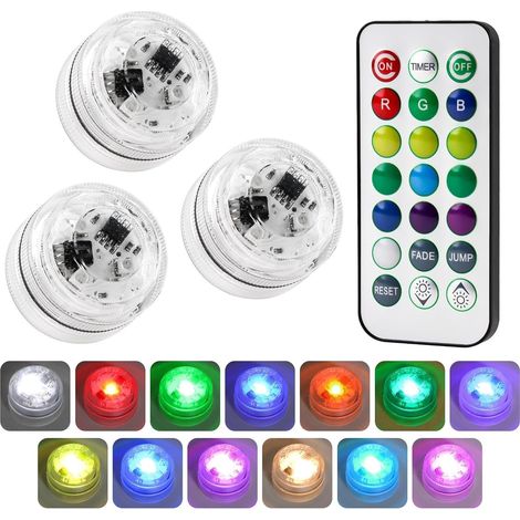 Lot de 3 mini lampes LED submersibles avec télécommande, étanches IP68, bougies chauffe-plat RGB sans flamme, 16 couleurs, pour piscine, jacuzzi, aquarium, vase, décoration de fête (1/5)