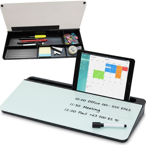 Organizador de escritorio Relaxdays con tablero blanco, 5 compartimentos, plástico, HBT: 5,5 x 40 x 18 cm, negro
