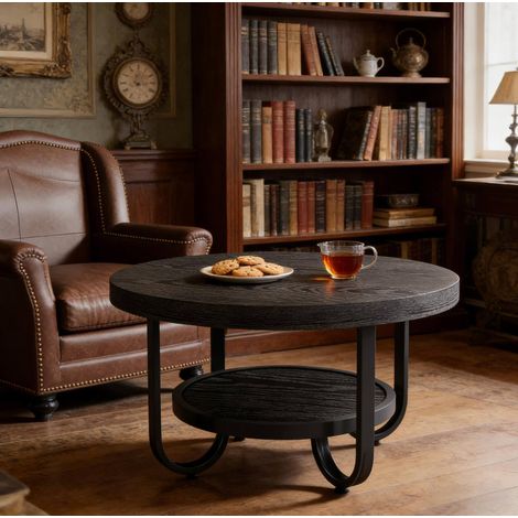 Table basse ronde 80x80x45 cm en bois et métal noir, avec rangement pour salon FloraGrace (1/5)