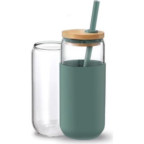 Gobelet isotherme en verre de 590 ml avec manchon de protection en silicone, paille et couvercle en bambou (1 unité) (Bleu Cambridge) (1/5)