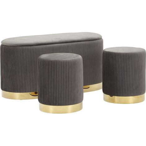 Set 3 pezzi Shopy grigio: panca contenitore e 2 sgabelli in velluto a coste con base oro