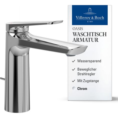 Villeroy & Boch Oasis Waschtischarmatur, Wasserhahn Bad mit Zugstange und Keramikkartusche, Waschbeckenarmatur wassersparend, Auslauf Höhe 114mm, rund, Chrom (1/5)