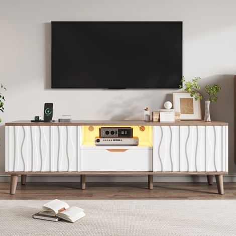Meuble TV LED 160x40x52cm, Console Multimédia avec Rangement, Porte Coulissante, Compatible TV 70 Pouces, Blanc Moderne pour Salon (1/5)