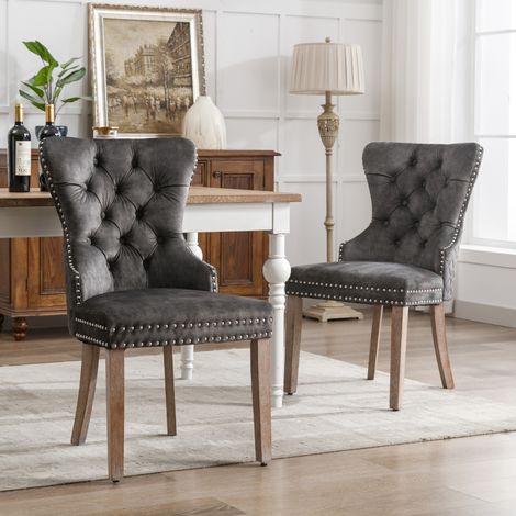 Sedia per sala da pranzo (sedia da cucina, sedia da soggiorno con battente unico sul retro, 2 pezzi), sedia imbottita con finiture a chiodi, gambe in legno massiccio, rivestimento in velluto, grigio O