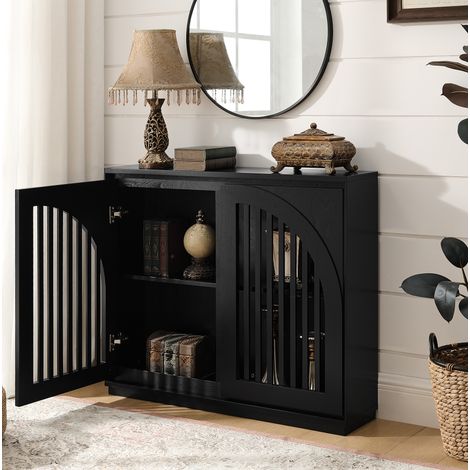 Buffet noir à portes rainurées avec passe-câbles, meuble de rangement en bois et MDF (1/5)