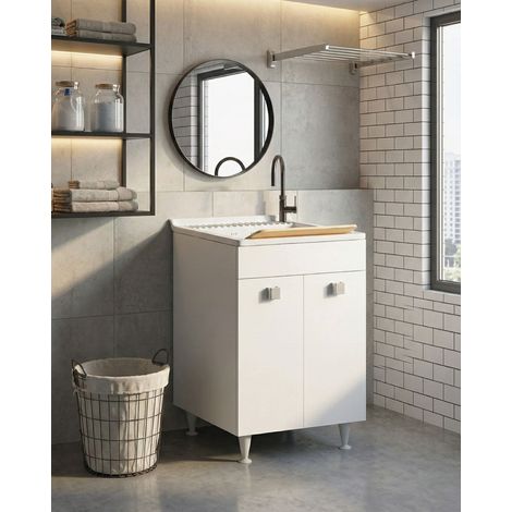 Mobile lavatoio Miriam - Con 2 anta e lavatoio - Contenitore salvaspazio per bagno e lavanderia - Bianco - 60 x 89 x 61 cm (1/3)