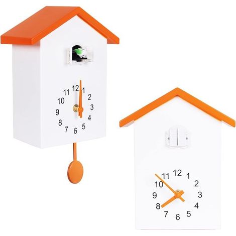 Kuckucksuhr, Wanduhr mit Kuckucksgeräuschen, Design-Pendeluhr, Vogelhaus, Wanddekoration für Wohnzimmer, Küche und Büro (Orange) (1/2)