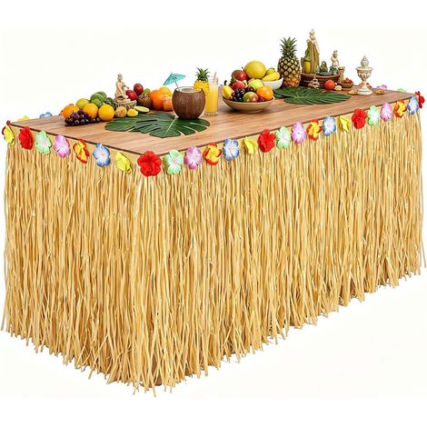 1 jupe de table de banquet hawaïenne, fête hawaïenne, décoration d'anniversaire tropicale avec des fleurs, taille 275 cm x 75 cm (1/5)