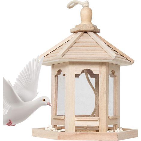 Abri pour Oiseaux à Suspendre en Plein air - CASA Nourriture pour Oiseaux en Bois avec Toit Hexagonal, Mangeoire à Oiseaux Rechargeable pour extérieur, Jardins, Cou, Arbres, (1/5)