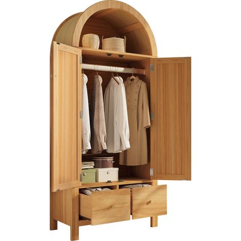 ELVMI Armadio 2 Ante, 2 Cassetti, Vano Aperto e Barra Appendabiti, Chiusura Magnetica, MDF, 78 x 45 x 181 cm, Rovere (1/5)