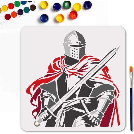 Pochoir Réutilisable de Chevalier Pochoir D'Épée et D'Armure pour Peinture Modèle de Dessin de Chevalier Médiéval de 30x30cm avec Pinceau pour Murs Meubles Toile Scrapbooking Décor (1/5)
