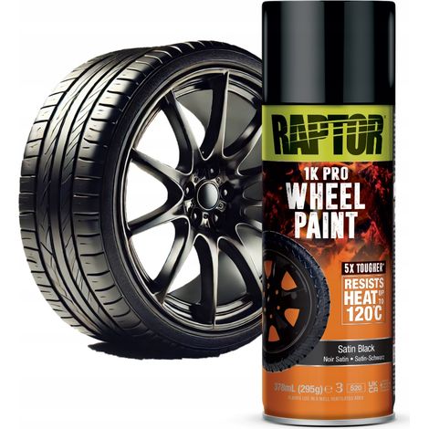 Pintura en aerosol para llantas Raptor, negra semimate, resistente al polvo de los frenos. (1/2)