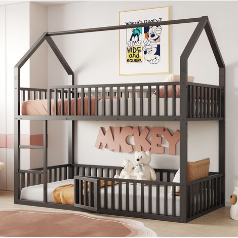 Letto a castello bambini 90x200 cm in metallo con scala, struttura a casetta e sponda con porta apribile, senza materasso, nero (1/5)