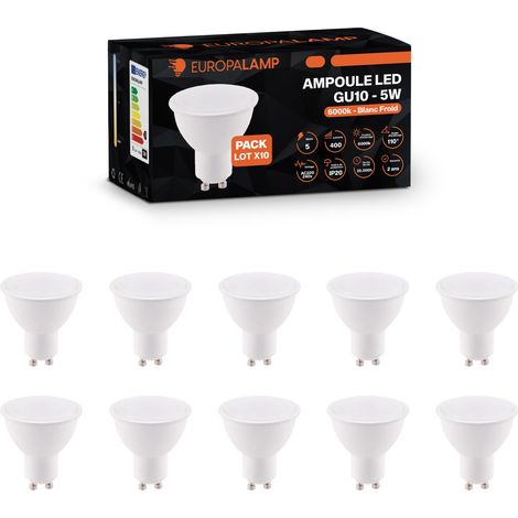 Europalamp – Lot de 10 ampoules LED GU10 5W équivalent 40W – Blanc froid 6000K – 400 lumens – Angle 110° – Non dimmable