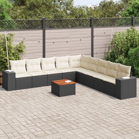 Ensemble Salon Jardin 10 Places Noir Résine Tressée avec Coussins Crème - Table Acacia (1/3)
