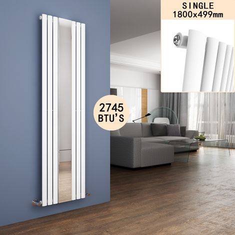 ELEGANT 1800 x 500 mm White Vertical Column Radiator Mirror Single Oval Panel Designer Bathroom Radiator + Anthracite Thermostatic Radiator Valves (1/5)
