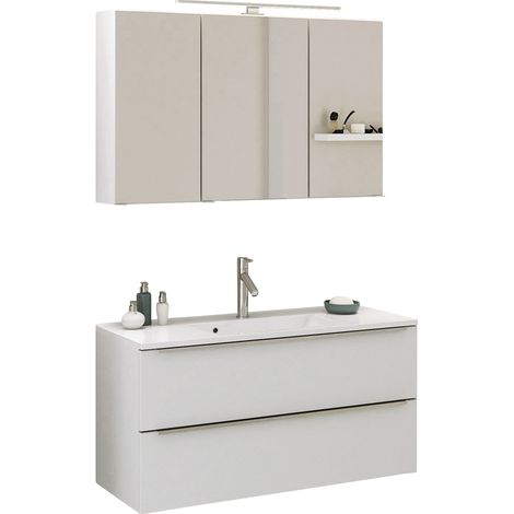 Waschtisch-Set 100 cm in Matt weiß GHOM-03 mit LED-Spiegelschrank, B/H/T ca. 100/200/48 cm (1/5)