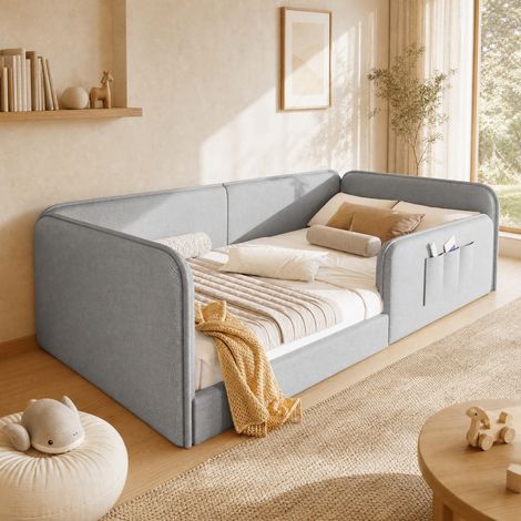 Letto a piattaforma 90x200 cm in lino grigio con imbottitura in schiuma e tasche laterali (1/5)