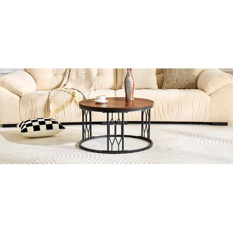 Table basse ronde, design moderne, plateau effet bois et structure géométrique en métal noir, 70x40,5 cm (1/5)