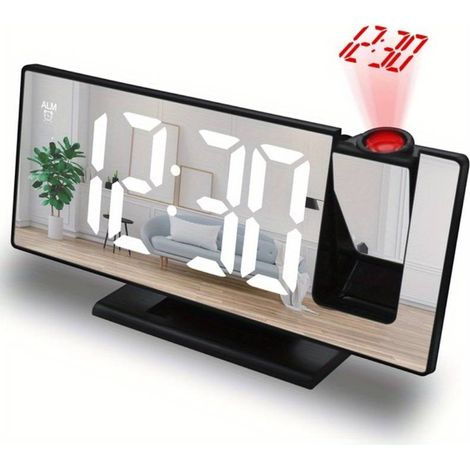 Réveil miroir LED, radio-réveil à projection 3D avec miroir, affichage de la température et luminosité automatique – idéal pour la chambre et la table de chevet.