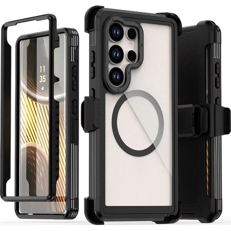 (Noir, Galaxy S25+) Étui de protection magnétique antichoc, compatible avec Samsung, avec clip. (1/5)