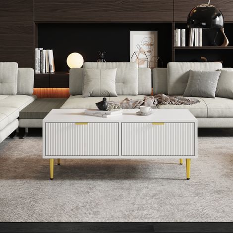 Table basse moderne blanche avec accents dorés, 2 tiroirs, design à rayures verticales, 1005040cm, table basse de salon, meuble bas pour canapé (1/5)