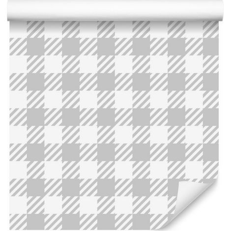 Papel pintado moderno a cuadros grises y blancos para salón y dormitorio, 50x1000 cm. (1/5)