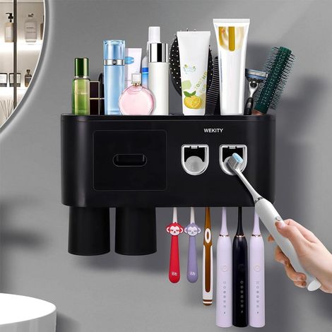 Porte-brosses à dents mural multifonctionnel, distributeur automatique de dentifrice, porte-brosses à dents et dentifrice peu encombrant, avec 2 gobelets et tiroirs pour cosmétiques, organiseur (2 x (1/5)