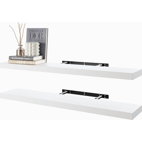 Lot de 2 étagères flottantes Blanches en Bois - 100 x 19,5 cm - avec Pinces Invisibles - Décoration Murale pour Chambre à Coucher, Salle de Bain, Salon et Cuisine (1/5)