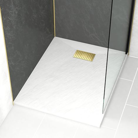 Plato Ducha Blanco Efecto Piedra 80x100cm y Rejilla patrón Perforado Oro (1/4)