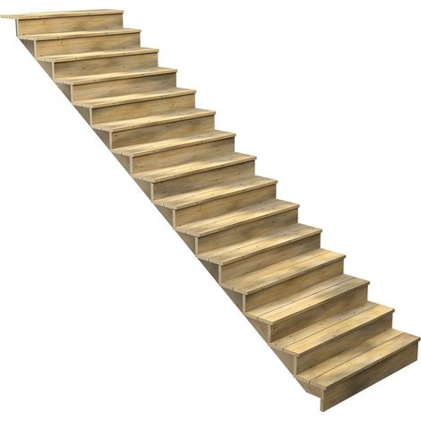Escalier Bois Exterieur - 15 Marches Pleines - Largeur : 1m20 - Hauteur : 2m55 - Avec Contremarches - Pin du Nord - Traité Autoclave