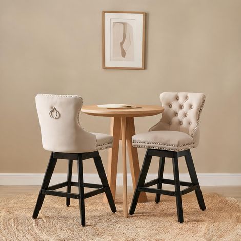 Tabouret de bar pivotant en velours beige avec piètement bois (1/5)