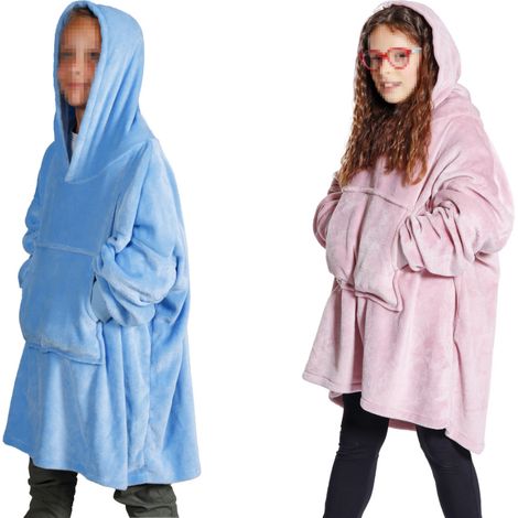 Felpa Plaid Bambini Coperta Calda Inverno Con Tasca Cappuccio Tinta Unita Brighton, misuraFelponecoloreAzzurro (1/4)