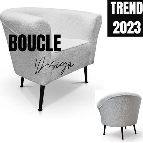 Sessel BOUCLE weiß, Strukturgewebe Relaxsessel mit schwarzen hohen Beinen