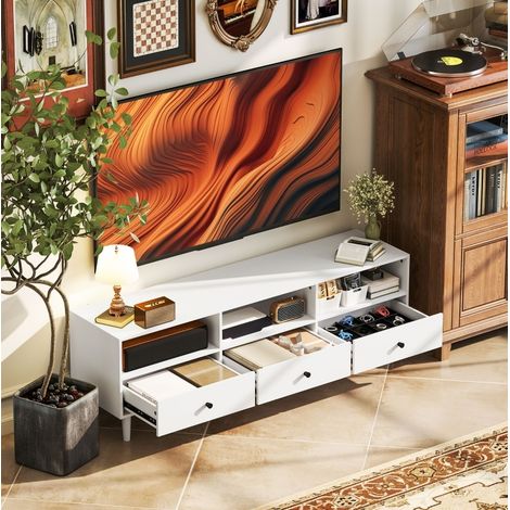 Mobile TV 140x34x45 cm bianco in legno con 3 cassetti, 3 vani aperti e passacavi (1/3)