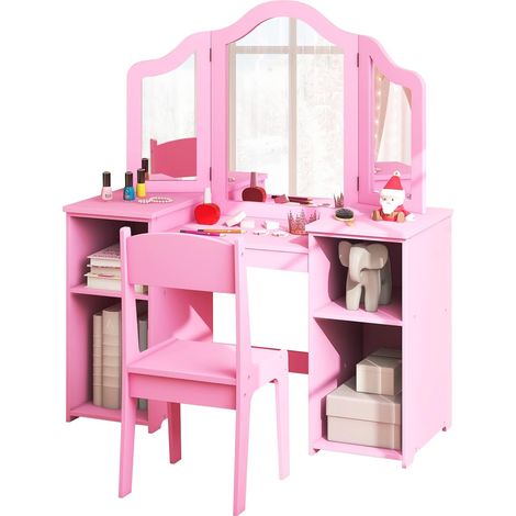 GOPLUS Coiffeuse pour Filles 3+ Ans, 2 en 1 Table Chaise avec Étagères Ouvertes, Miroir Amovible à Trois Volets, Rose (1/4)
