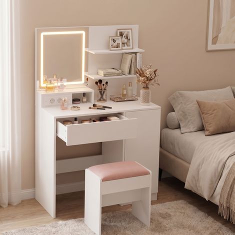 Table de Maquillage Moderne avec Miroir LED, Tabouret, Tiroir, Étagères Réglables, Espace Beauté, Blanc